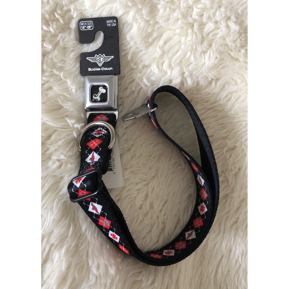 Buckle Down Dog Collar Metal Buckle Black Red Argyle Large Dog 15"-26" Neck New